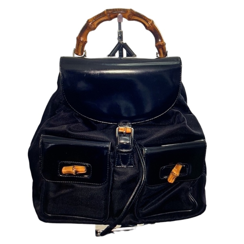 GUCCI Vintage Bamboo Patent Leather/Canvas Backpack Black with Dust Bag - Picture 2 of 16